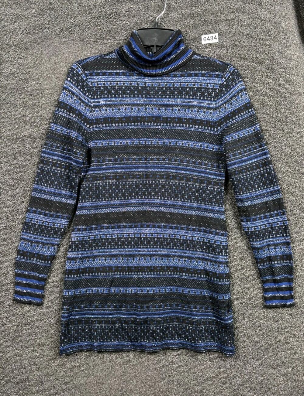 White House Black Market Tunic Sweater Womens M Black Blue Stripe Knit Cut Out